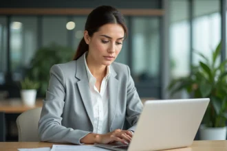 Responsable RH consultant des documents administratifs sur son ordinateur portable dans un bureau moderne