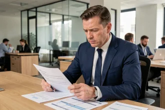 Responsable RH examinant des contrats de travail liés aux 39h et au forfait jours dans un bureau moderne