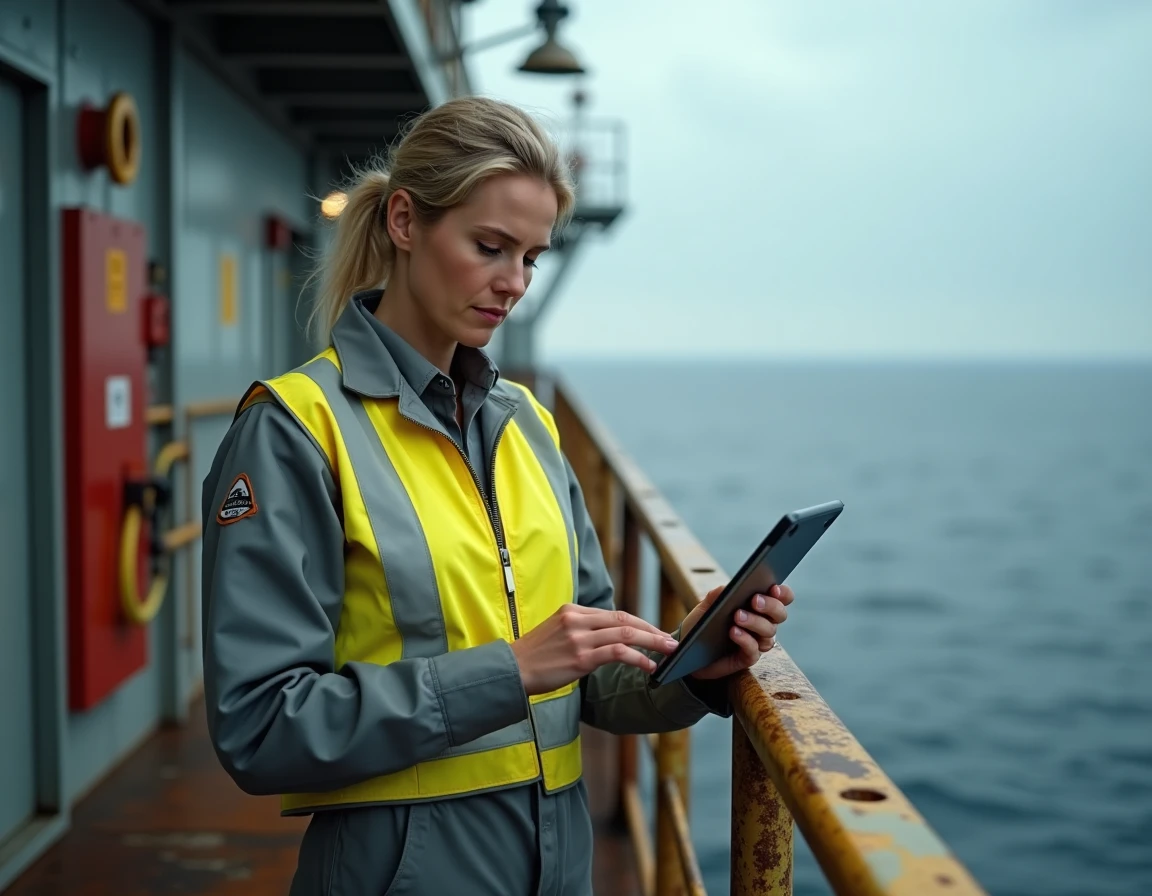 Responsable sécurité féminine consultant une tablette sur la passerelle extérieure d'une plateforme pétrolière offshore