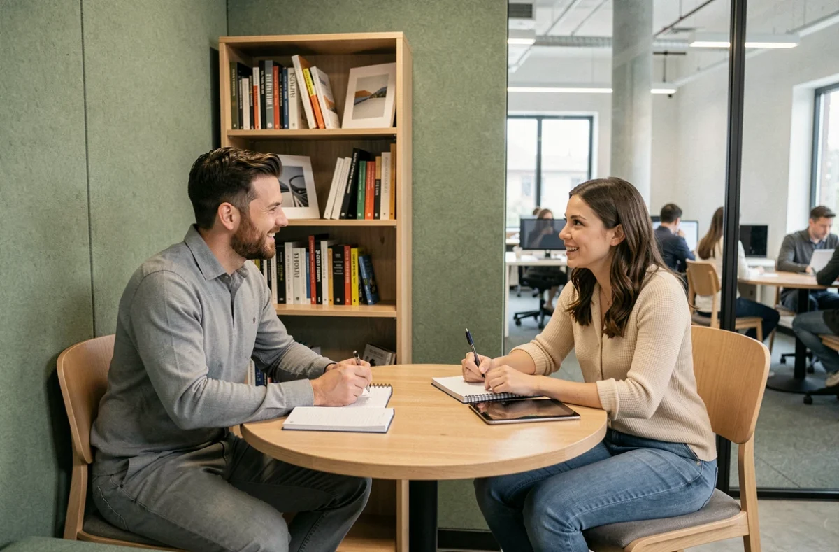 Deux collègues en réunion informelle dans un box semi-privé d'un espace de coworking à Aix-en-Provence