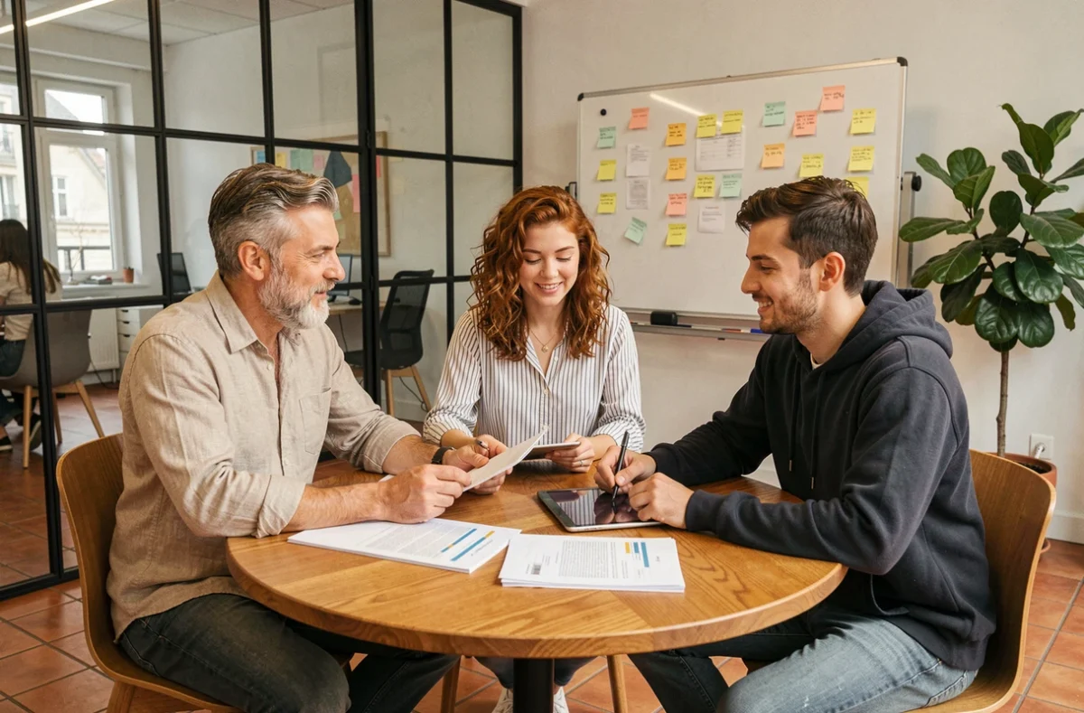 Groupe de professionnels en réunion collaborative dans un espace de coworking à Levallois-Perret autour d'une table ronde en bois