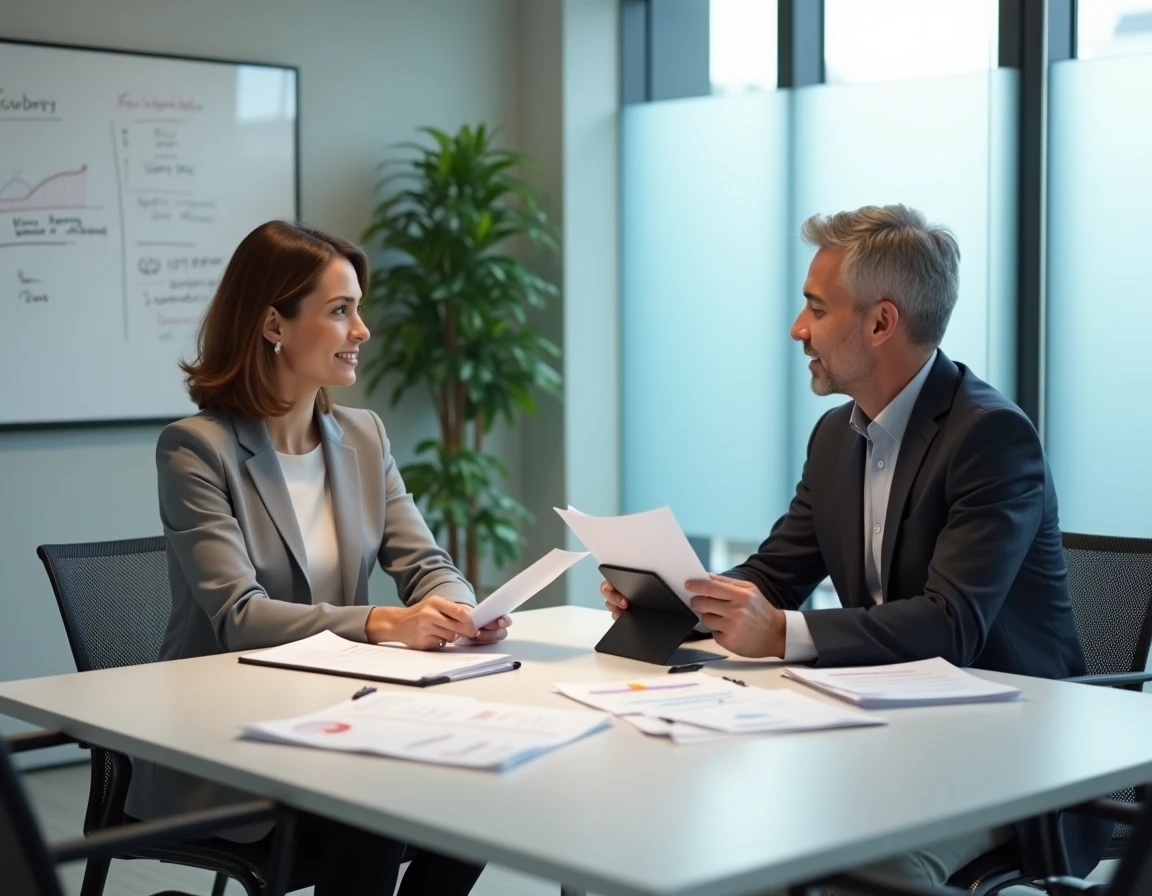 Réunion commerciale B2B entre deux responsables examinant un pipeline de prospects et des propositions contractuelles