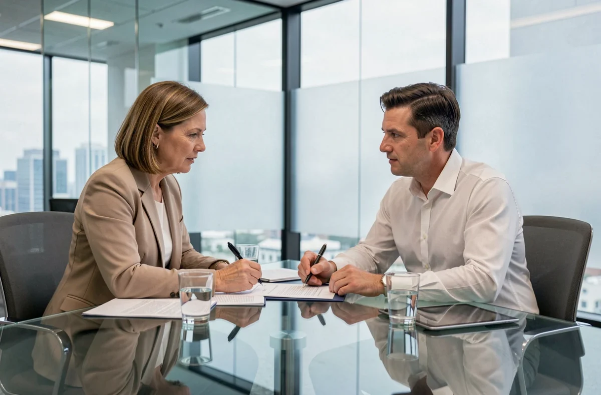 Deux professionnels en réunion comparant les clauses d'un contrat de portage salarial dans une salle de conférence moderne