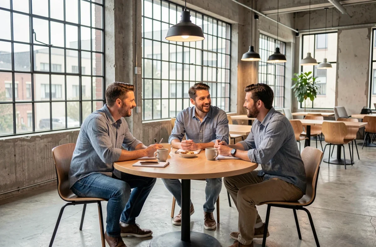 Groupe de professionnels en réunion collaborative dans un espace de coworking lumineux à Calais