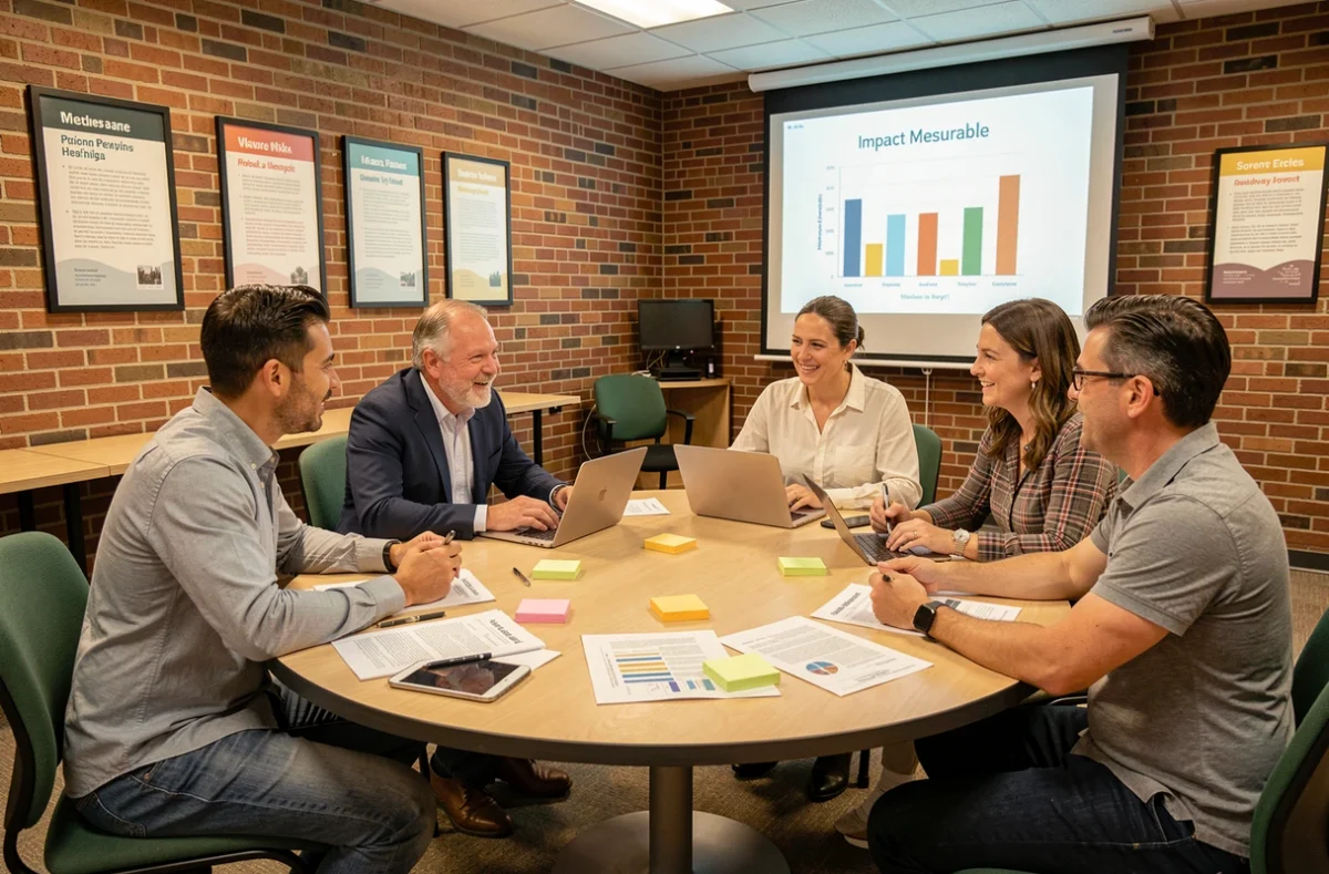 Équipe pluridisciplinaire discutant de la stratégie d'impact social d'une association lors d'une réunion en salle communautaire