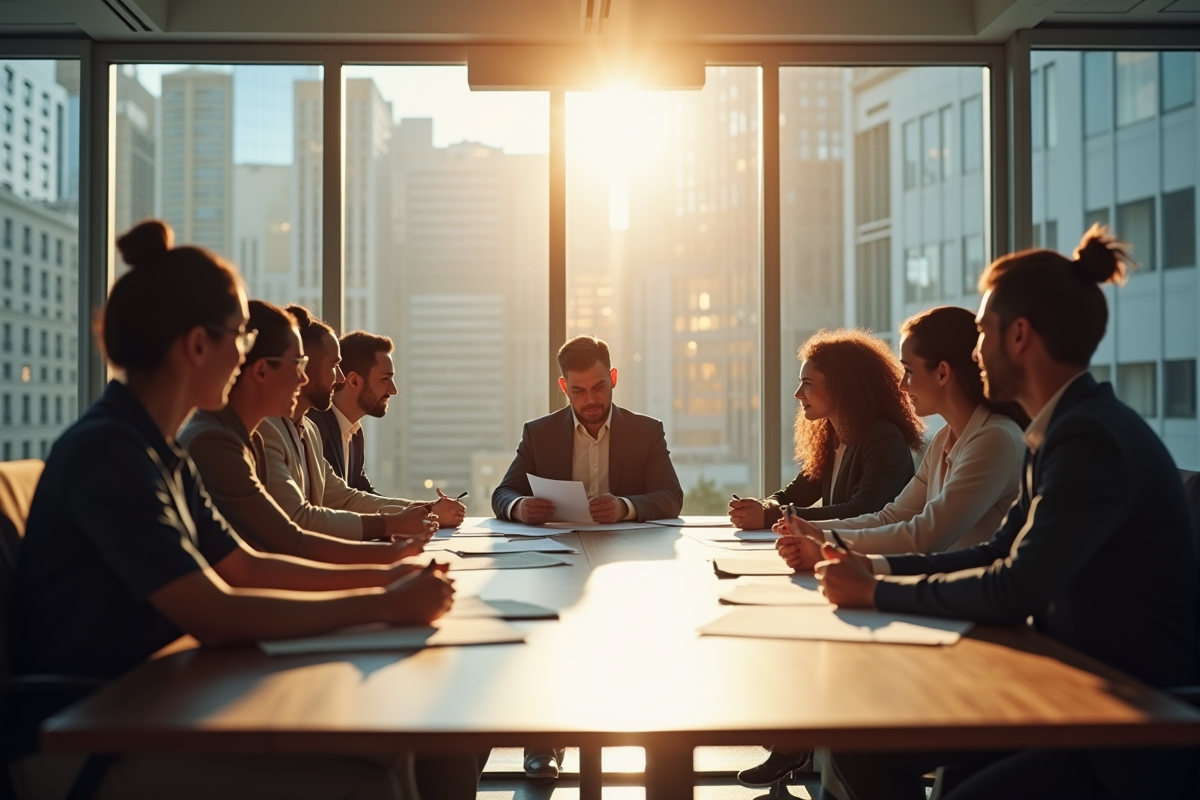 Groupe de collègues discutant des droits du travail en réunion