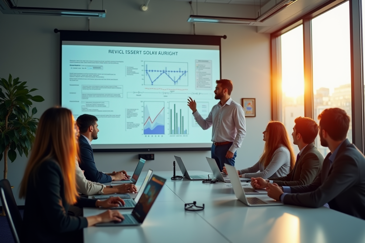Groupe en réunion présentant solutions techniques en salle