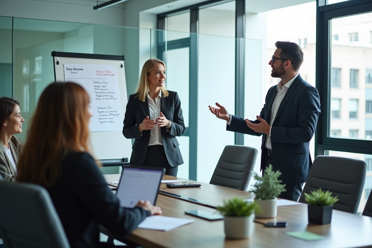 Groupe d employés écoutant un responsable sécurité en réunion