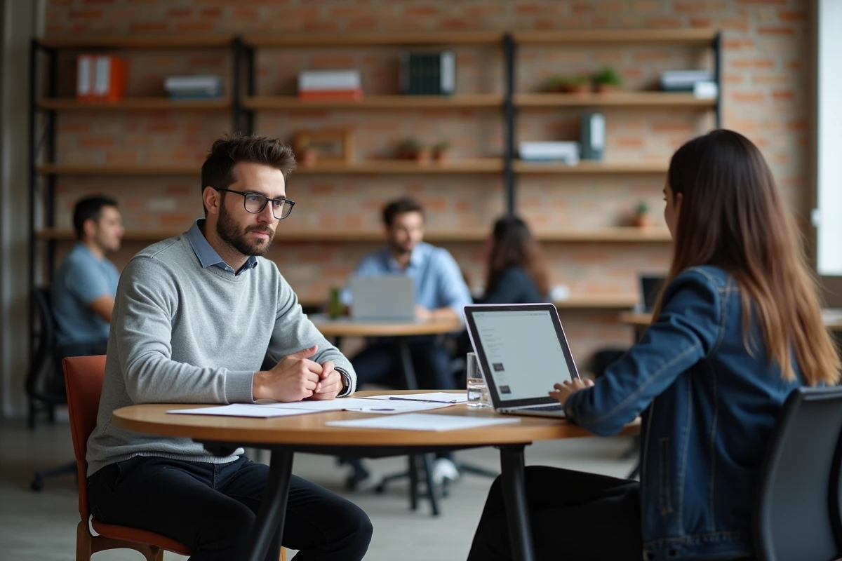 Réunion entre un freelance en portage salarial et son conseiller dans un espace de coworking