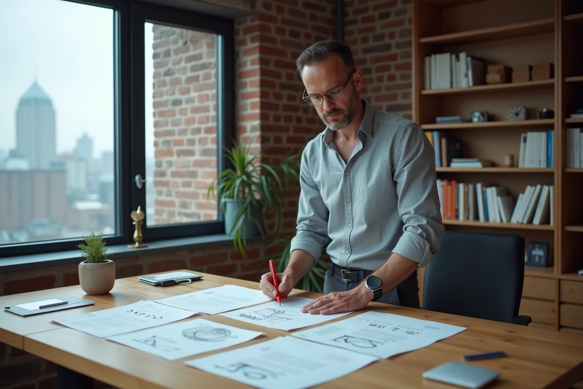 Homme annotant des brouillons d'invitation à un événement sur un bureau debout dans un bureau minimaliste, analysant l'accroche et l'appel à l'action