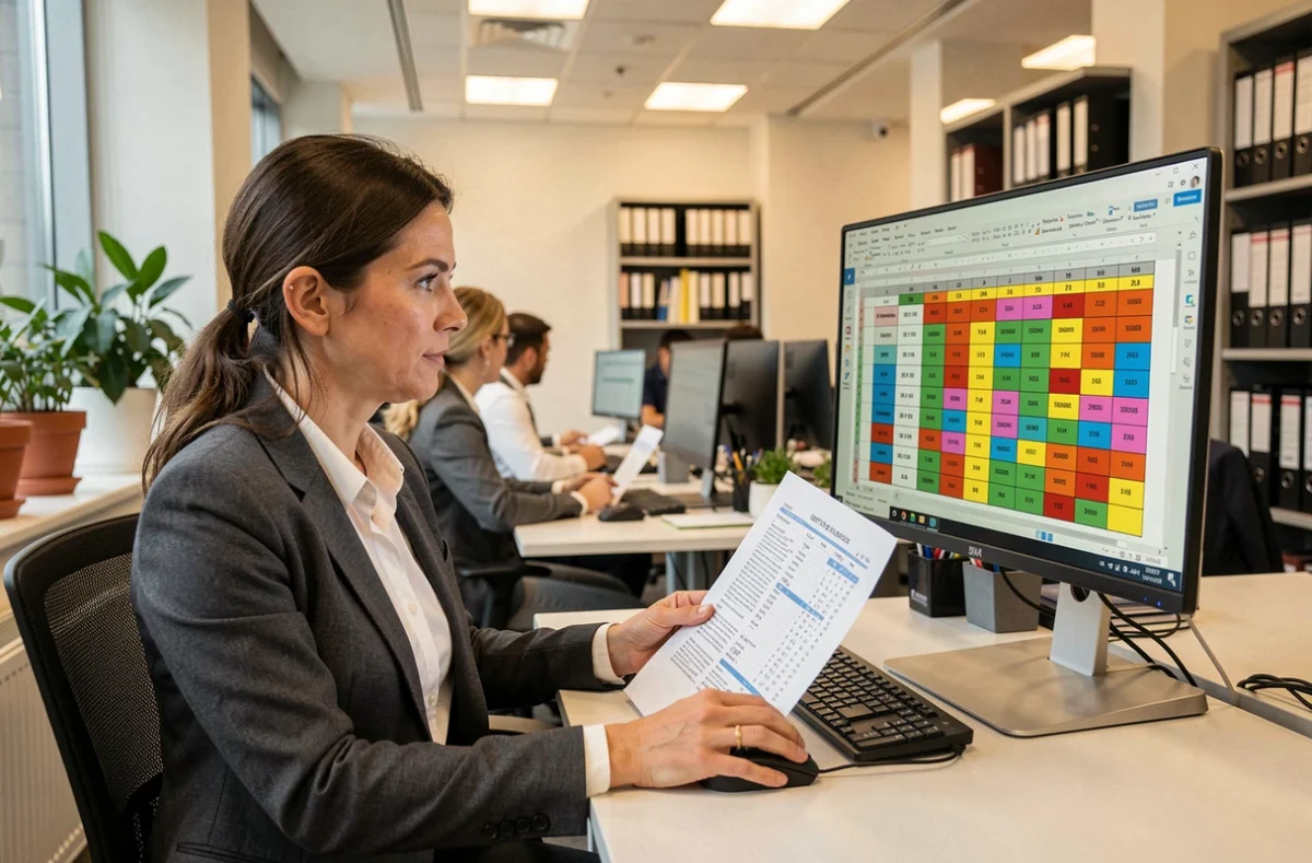 Responsable RH consultant un planning de rotation 5x8 sur ordinateur en open space