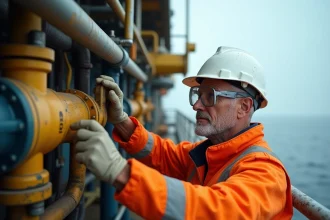 Technicien pétrolier en combinaison de sécurité orange inspectant des équipements sur une plateforme offshore en mer