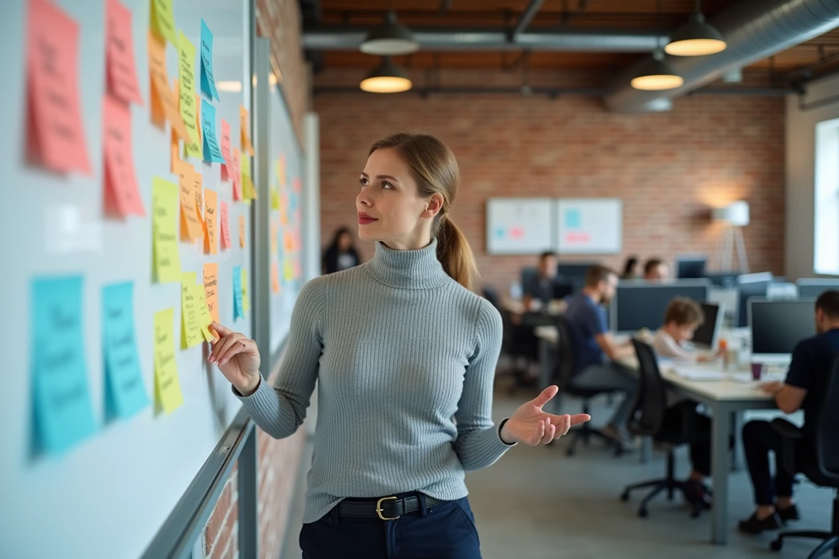 Secrétaire freelance debout devant un tableau blanc avec des post-it colorés représentant des profils clients, dans un espace de coworking moderne