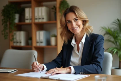 Secrétaire indépendante assise à son bureau en bois, révisant ses notes de prospection sur du papier à en-tête, dans un bureau à domicile moderne et bien organisé