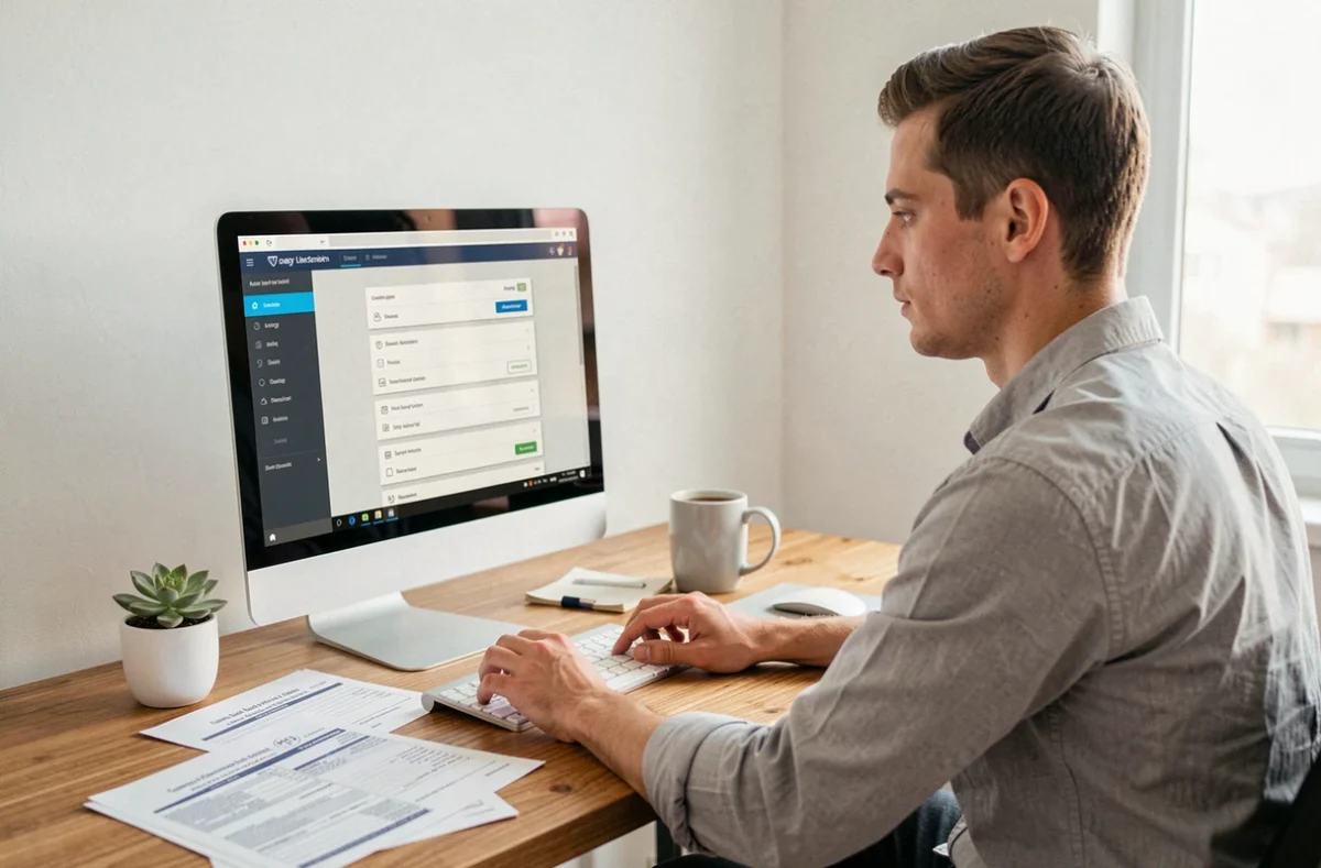 Entrepreneur gérant ses démarches de secrétariat juridique en ligne depuis son bureau à domicile