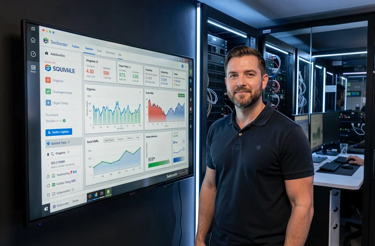 Expert de Seobooster surveillant des métriques SEO automatisées sur un tableau de bord technologique