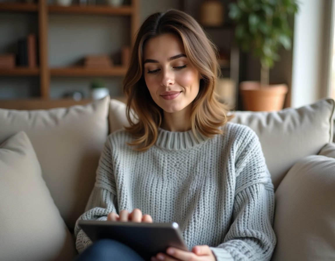 Femme à domicile consultant le site Nocibé pour contacter le service client en ligne