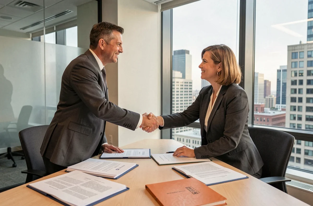 Deux professionnels signant un accord de droit des sociétés en salle de réunion avec vue sur la ville