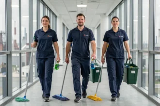 Équipe de nettoyage professionnelle en uniforme navire marchant dans un couloir de bureau moderne dans le Pas-de-Calais