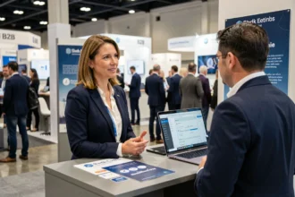 Femme professionnelle sur un stand B2B lors d'un salon d'affaires, avec un ordinateur affichant une plateforme de networking