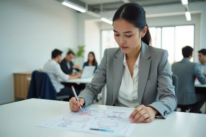 Femme professionnelle analysant un schéma de stratégie de noms de domaine dans un bureau moderne