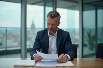 Homme d'affaires en costume marine consultant des documents juridiques dans un bureau moderne à Genève, illustrant la structure juridique d'une société anonyme suisse