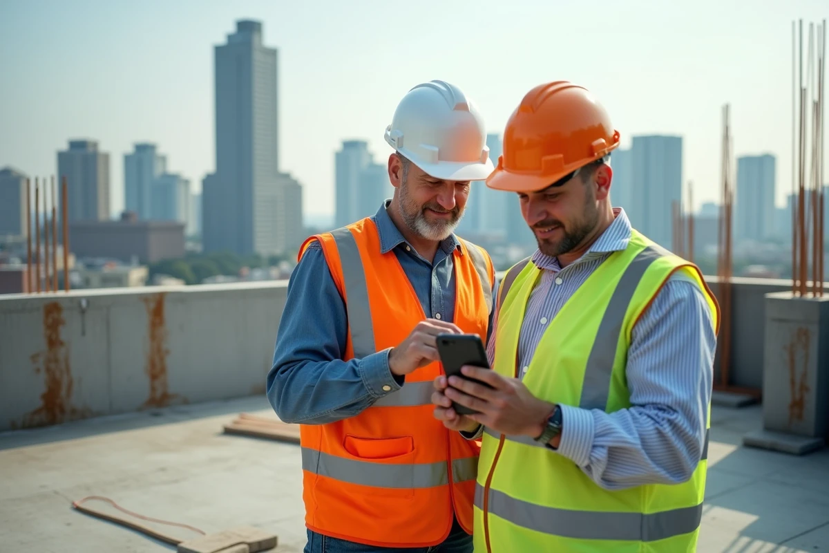 Deux professionnels du BTP consultant un outil de suivi de chantier sur smartphone pour contrôler les marges et le budget en temps réel