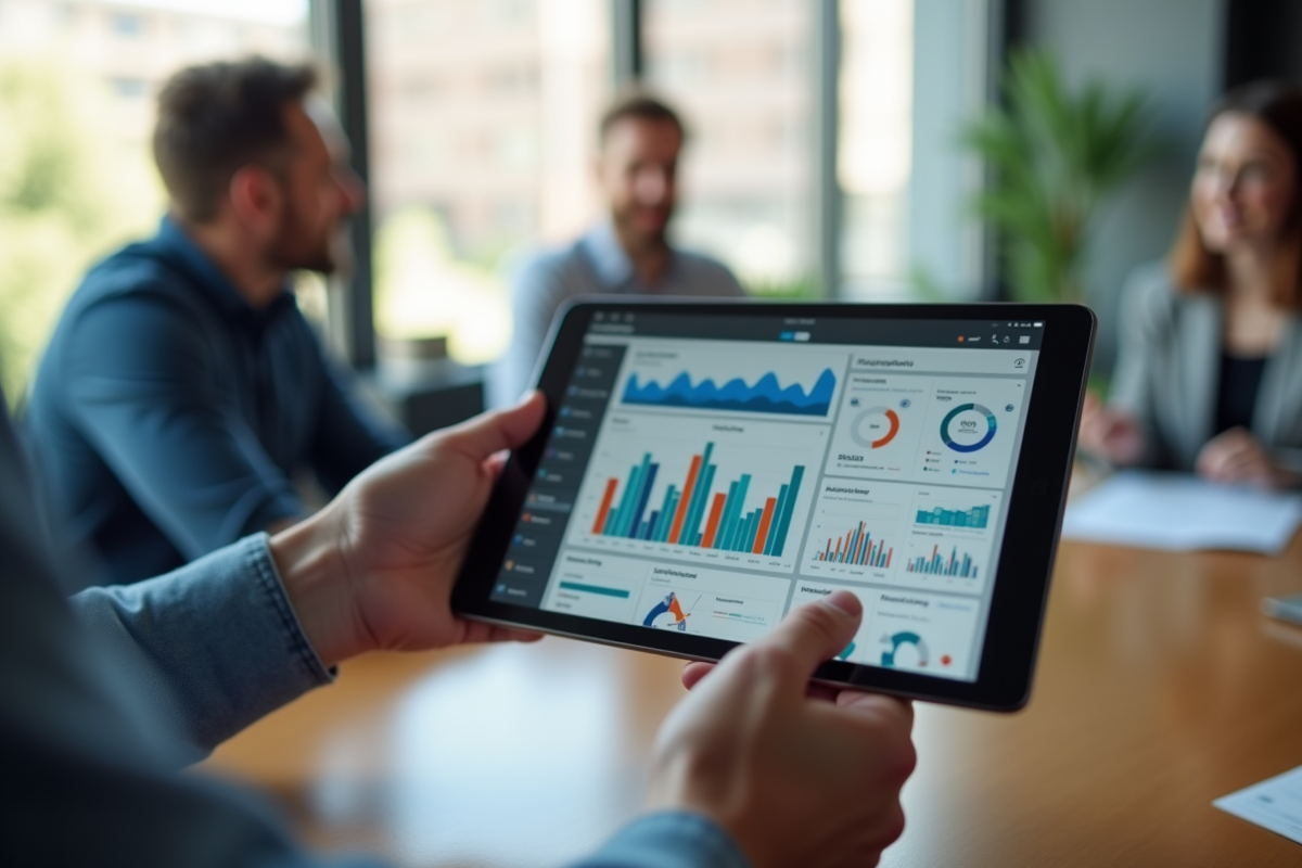 Mains tenant une tablette avec un tableau de bord marketing