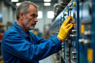 Technicien en bleu examine un système hydraulique industriel