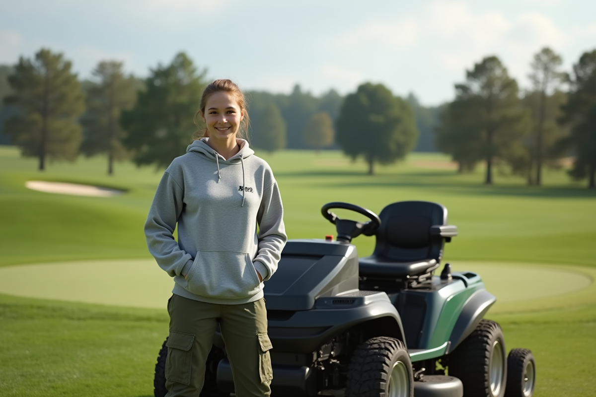 Jeune femme technicienne avec tonteuse sur un golf
