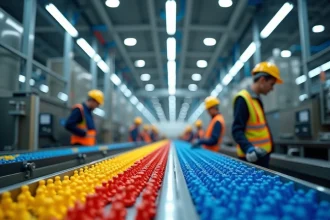 Vue intérieure de l'usine Playmobil en Allemagne avec chaîne de production de figurines colorées