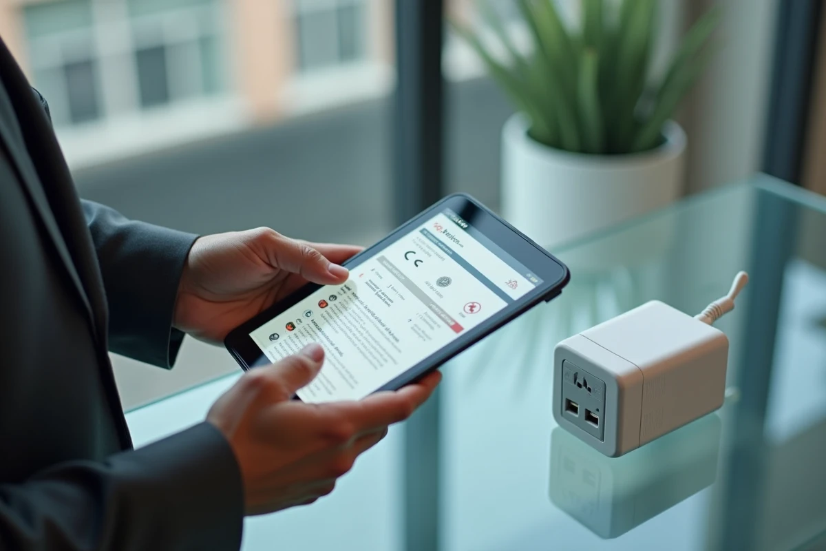 Vérification en ligne d'un marquage CE sur une base de données de conformité avec un adaptateur électrique sur bureau de bureau