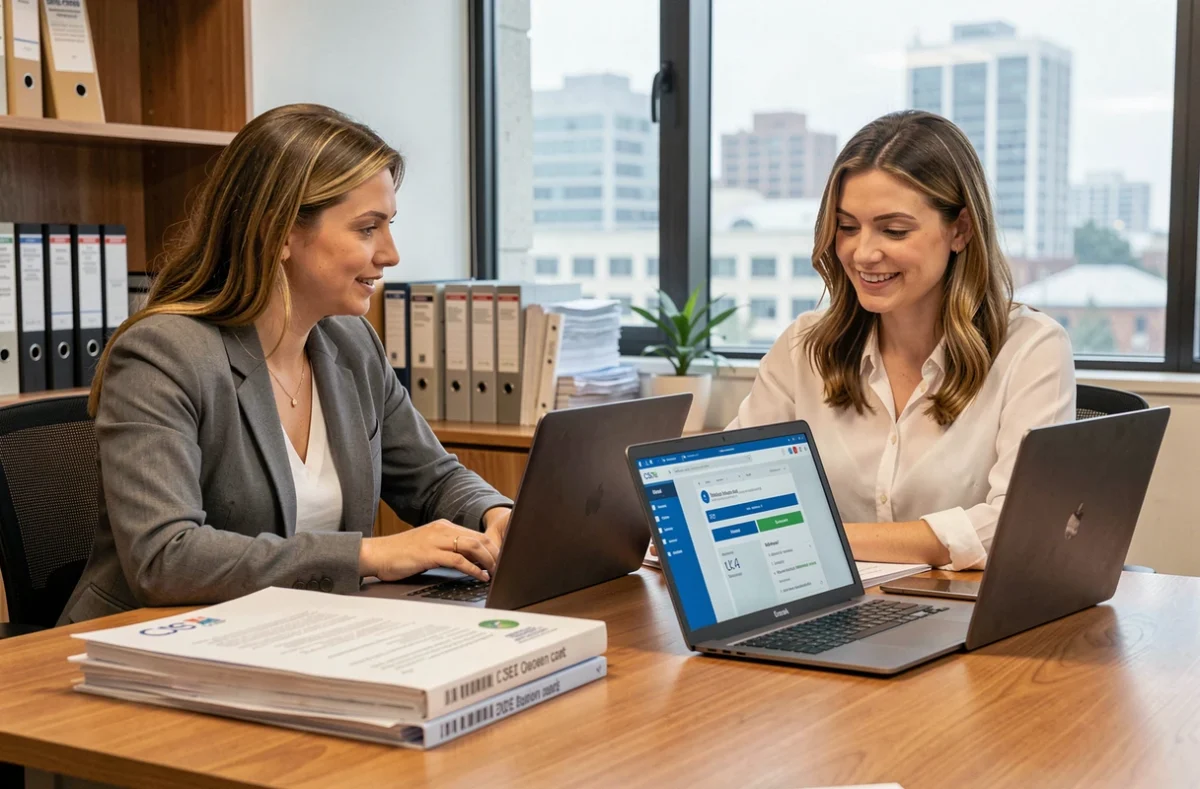 Deux employées consultant la plateforme de vote électronique pour les élections du CSE Altran sur leurs ordinateurs portables