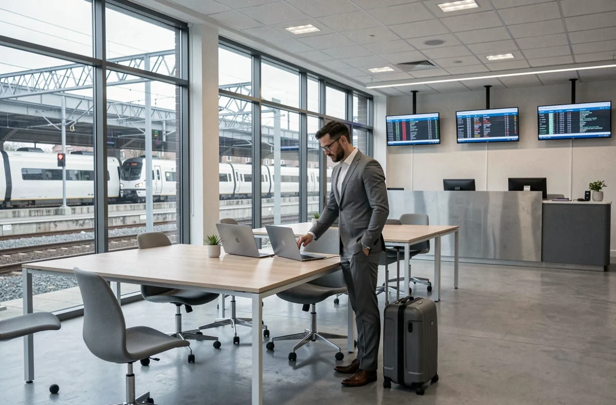 Travailleur en déplacement utilisant l'espace de coworking Whoorks Rennes Gare près de la gare